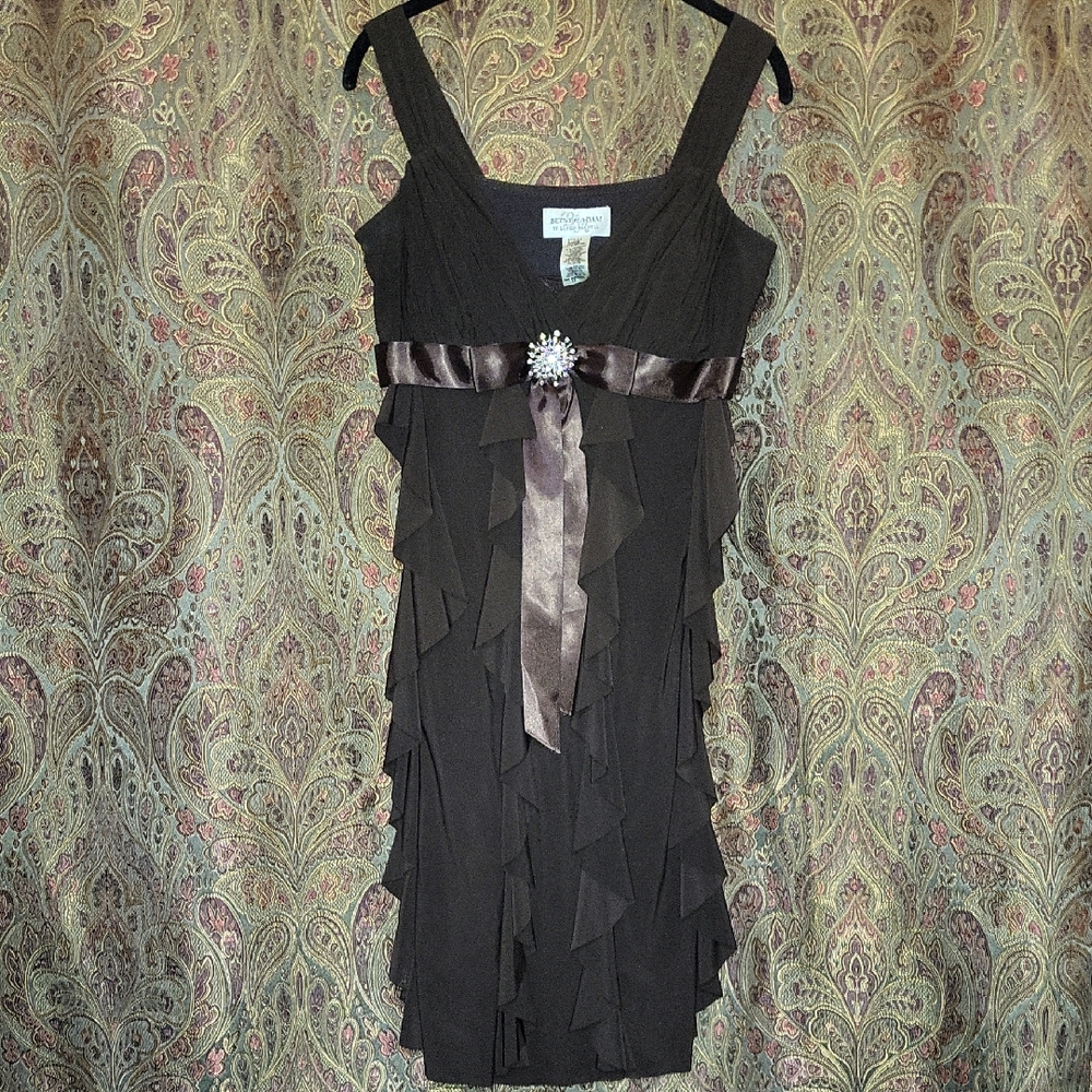 Betsy & Adam Black Midi Dress with Brown Sash